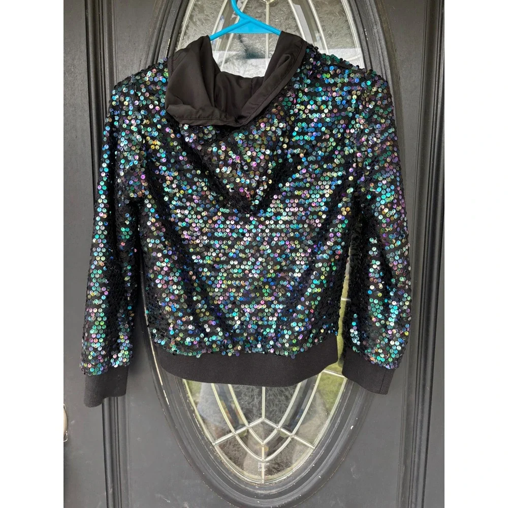 D-Signed Disney‎ Girls Iridescent Sequin Bomber Jacket Hooded Zip Up Black Med M